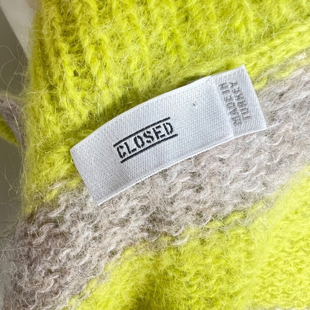 Closed Alpaca Mohair Neon Green Tan Knit Crew Neck Sweater XS - Picture 5 of 5